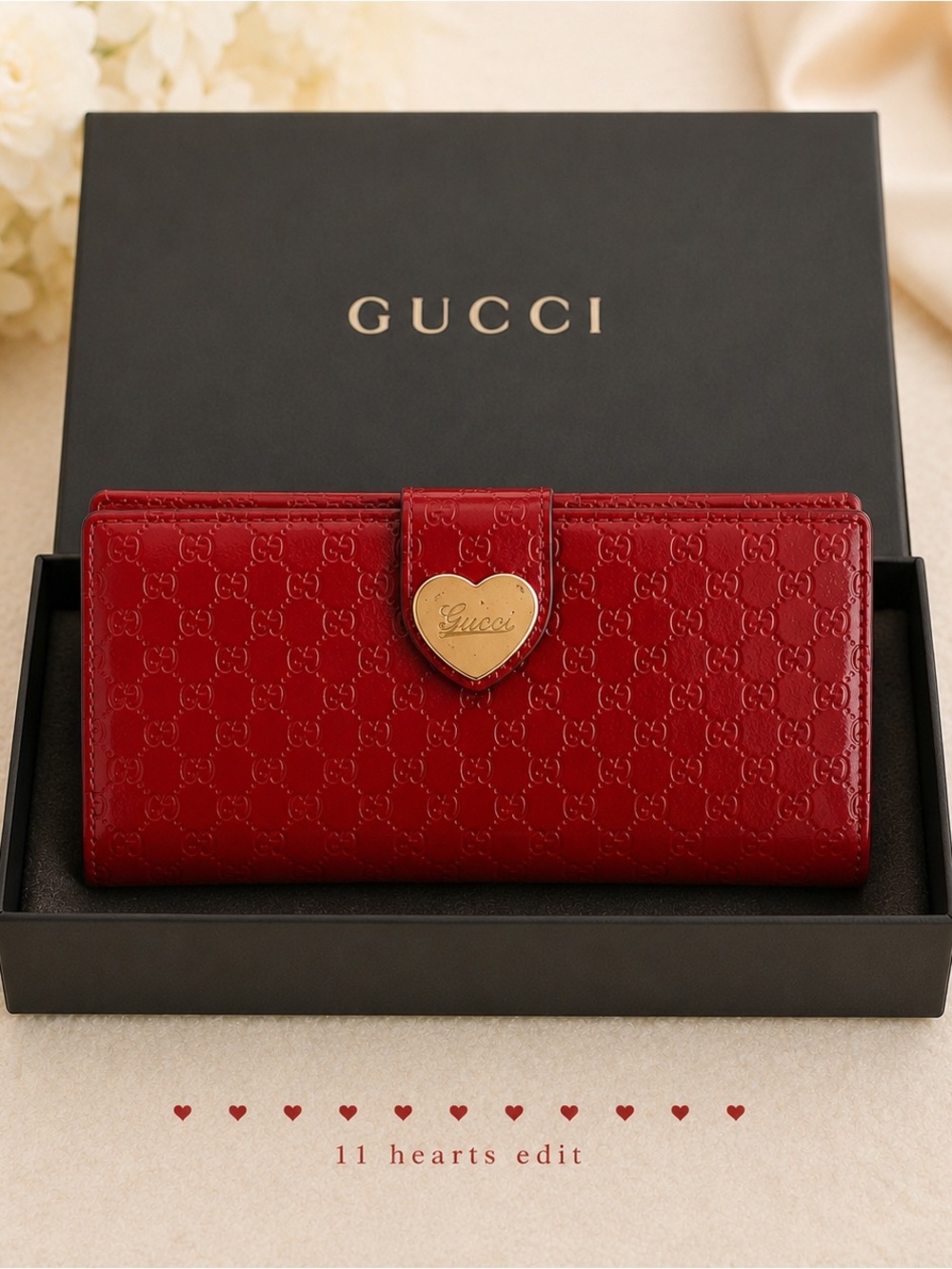 Gucci Guccissima Lovely Heart Continental Patent Leather HTF Wallet Red w/COA